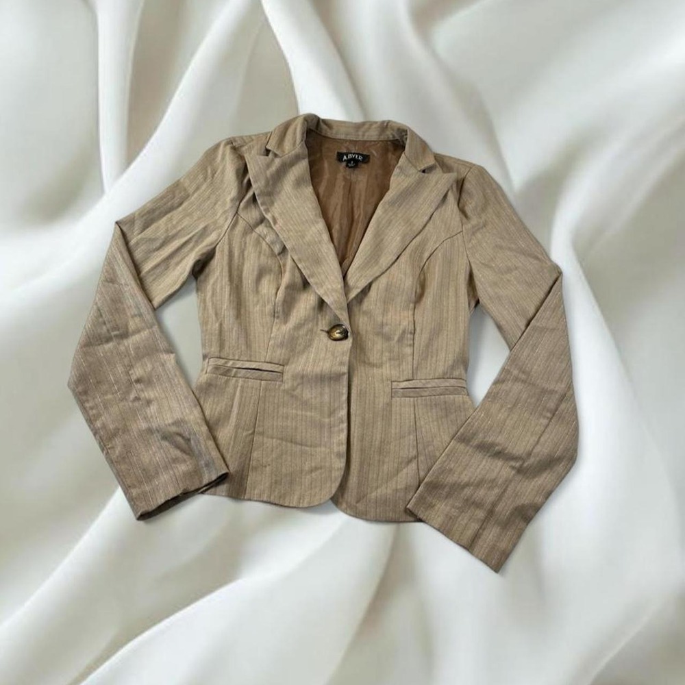 A Byer y2k tan brown gold glitter pin stripe blazer jacket office siren workwear